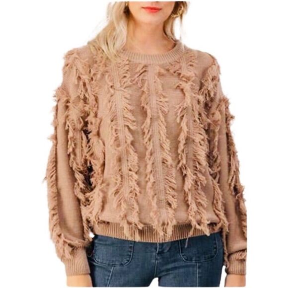 AKAIV | Fuzzy Fringe Tan Boho Style Sweater Women’s Size Medium/Large - Picture 10 of 10